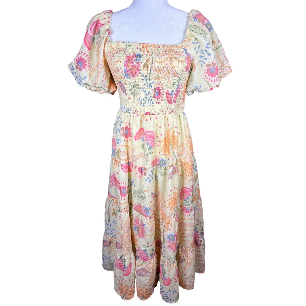 Crystal Sky Yellow Floral Smocked Tiered Puff Sleeve Midi Dress Womens Size M
